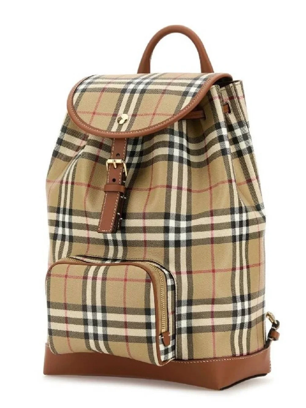 Burberry Beige Checked Canvas Backpack with Brown Leather Trim